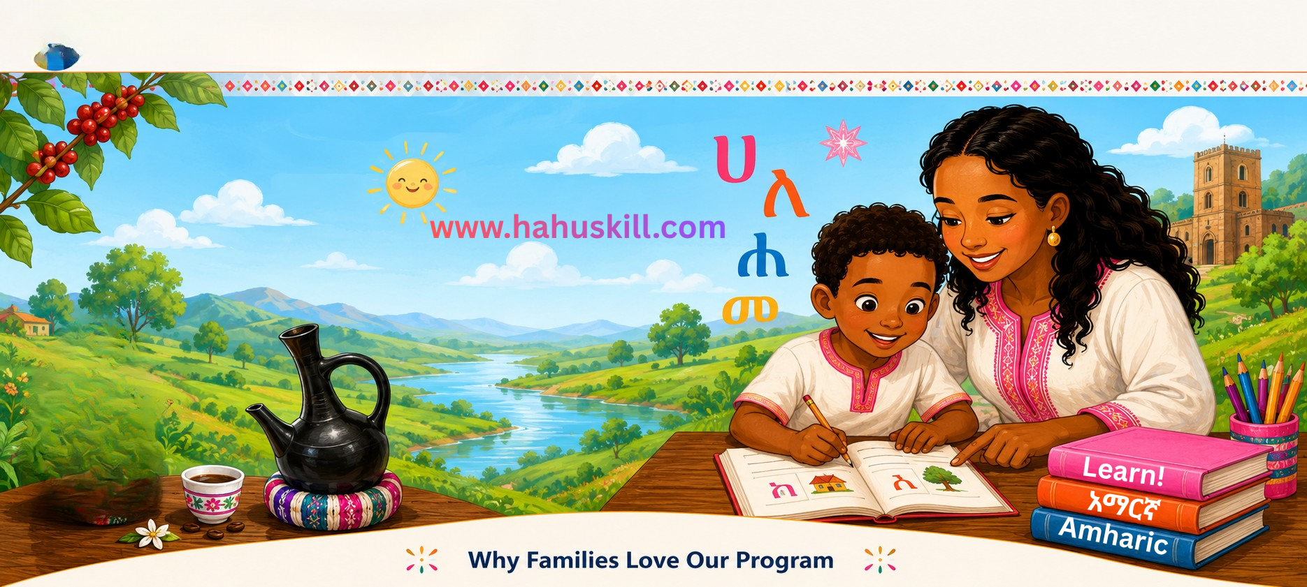 A parent helping a child learn Amharic